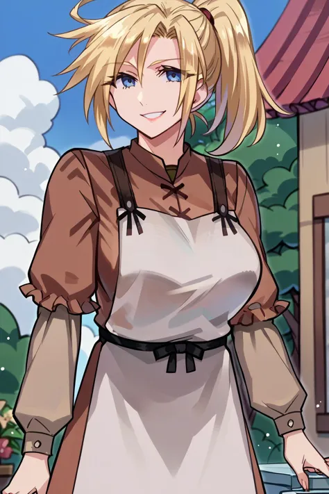 score_9, score_8_up, score_7_up, score_6_up, score_5_up, score_4_up, BREAK source_anime,1girl,solo, anime screencap,
ff7Claudia, blonde hair, ponytail,brown dress, apron, long sleeves,looking at viewer,(large breasts:1.6),smile
 <lora:ff7claudia-pdxl-nvwls-v1:1>