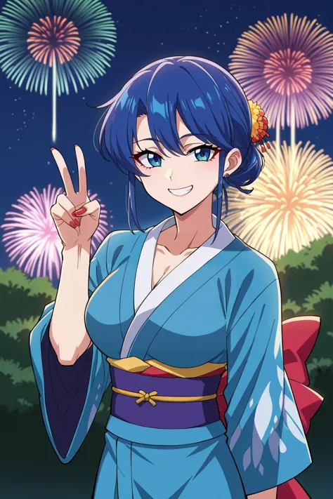 score_9, score_8_up, score_7_up, score_6_up, score_5_up, score_4_up, BREAK source_anime,1girl,solo, anime screencap,smile,looking at viewer
kimono,fireworks,peace sign,painted nails,large breasts