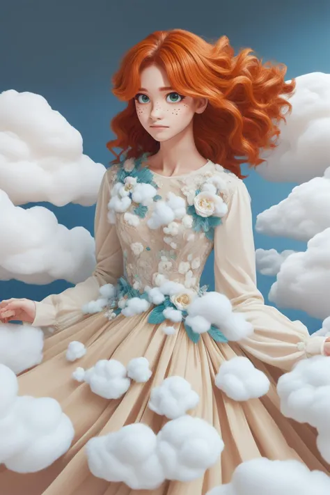 a woman with red hair and a dress in the clouds