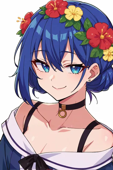 score_9, score_8_up, score_7_up, score_6_up, score_5_up, score_4_up, BREAK source_anime,1girl,solo, anime screencap,smile,looking at viewer
portrait,smug,collarbone,choker,flower ornament