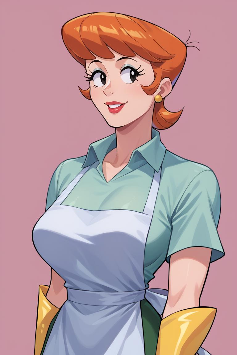 A cartoon of a woman in an apron and gloves - SeaArt AI