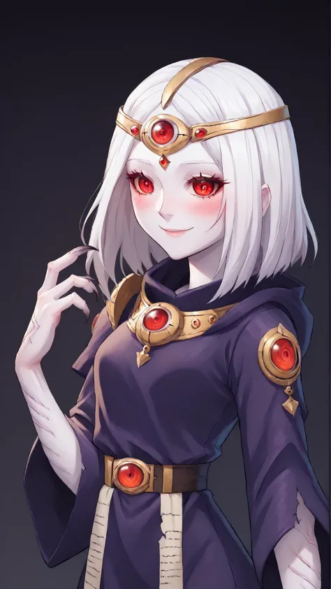 <lora:CassiaPony:0.7> CassiaRT, 1girl, red eyes, white hair, pale skin, solo, third eye, claws, jewelry, blush, smile, purple robe, <lora:AngelicCAT_Style:0.7>, high resolution, highly detailed, perfect lighting, beautiful detailed eyes, score 9, score 8 up, score 7 up, score 6 up, score 5 up, score 4 up, BREAK,