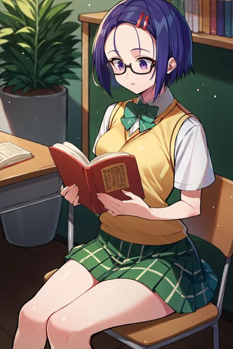 anime girl sitting in a chair reading a book in a library