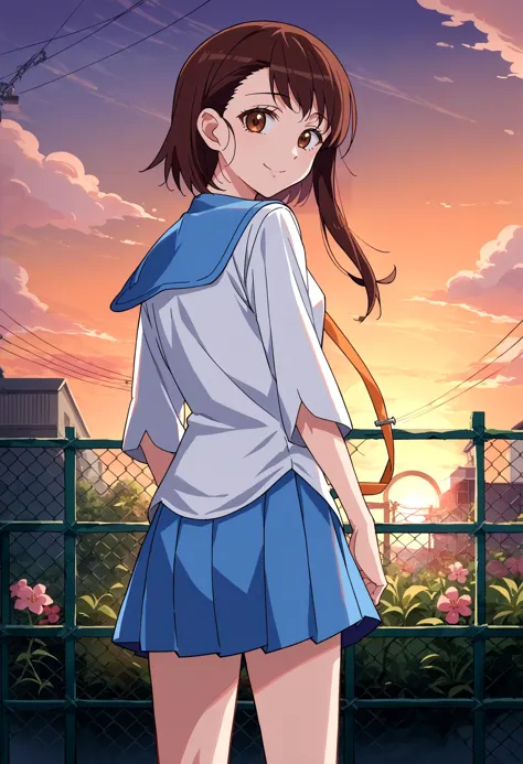 score_9, score_8_up, score_7_up, source_anime, 1girl, solo, OnoderaKosaki, <lora:OnoderaKosaki_XLPD:1>, school uniform, serafuku, blue skirt, pleated skirt, blue sailor collar, white shirt, from behind, looking at viewer, sunset, flower, seductive smile, iron fence, anime screencap,