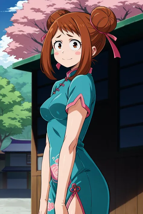 score_9, score_8_up, score_7_up, score_6_up, score_5_up,score_4_up BREAK source_anime,uraraka ochako, 1girl,solo, brown hair,brown eyes,short hair,blush stickers,double bun,nervous,nervous smile,medium breasts,pastel turquoise dress, qipao, outdoors,east asian architecture,short sleeves,town, looking at viewer,pink tree,(from side:0.8) <lora:OchakoPony:1>