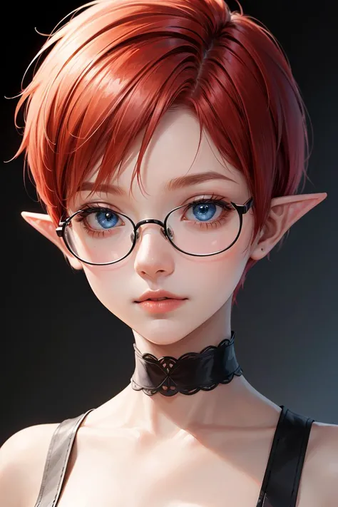 <lora:GoodHands-vanilla:1>,(masterpiece, best quality:1.4)(((headshot))) (((Masterpiece))),best quality,ultra-detailed CG unity 8k wallpaper (1girl:1.3) androgynous female (short red pixie cut hair:1.3) (blue eyes) (black glasses) elf ears,<lora:more_details:0.3>,