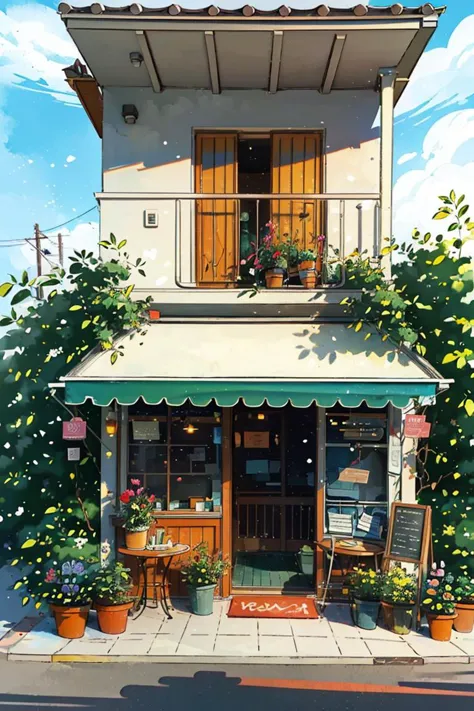 JZCG021,Flower store,coffee spot,tables,chairs,no one,windows,flowers,plants,potted plants,watercolor (medium),landscapes,doors,...