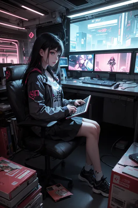 photo of a cute goth girl,hacker,sit a desk,working at pc,skirt,clutter metro,night,neon lights,nerd outfit,cinematic,cyberpunk,...