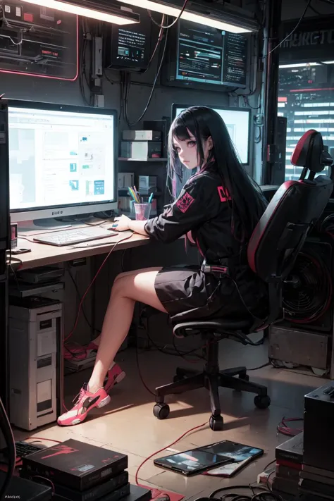 photo of a cute goth girl,hacker,sit a desk,working at pc,skirt,clutter metro,night,neon lights,nerd outfit,cinematic,cyberpunk,...