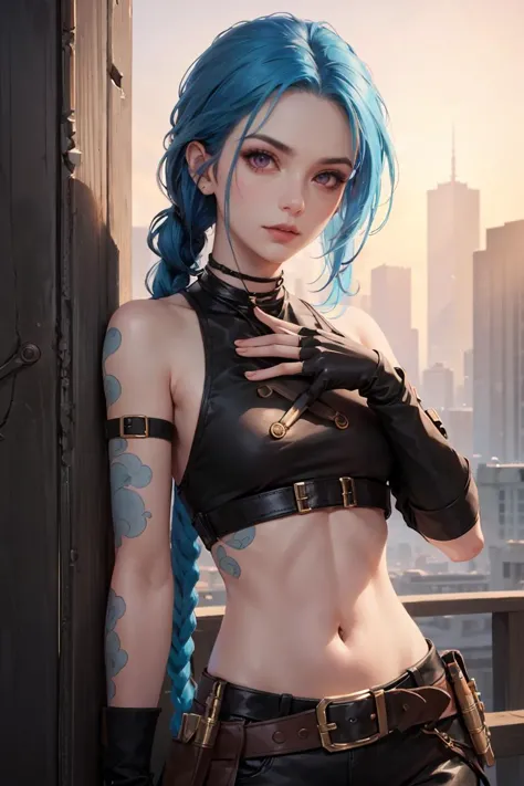 JinxLol,mature female,1girl,solo,looking at viewer,navel,gloves,fingerless gloves,character name,midriff,bare shoulders,looking ...