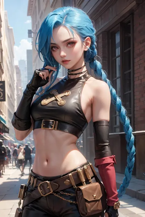 JinxLol,mature female,1girl,solo,looking at viewer,navel,gloves,fingerless gloves,character name,midriff,bare shoulders,looking ...