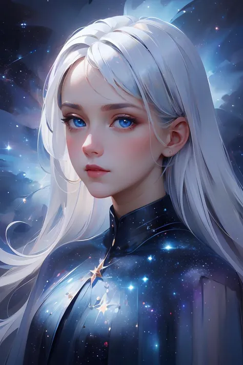 A young girl's flowing hair has milky white hair,and her vibrant blue eyes reflect the distant galaxy. Her face is beautifully p...