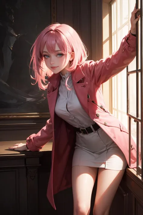 masterpiece,best quality,1girl, leaning forward coat pink hair shadow dramatic lighting Georgeana Ireland matrix ,smile, <lora:G...