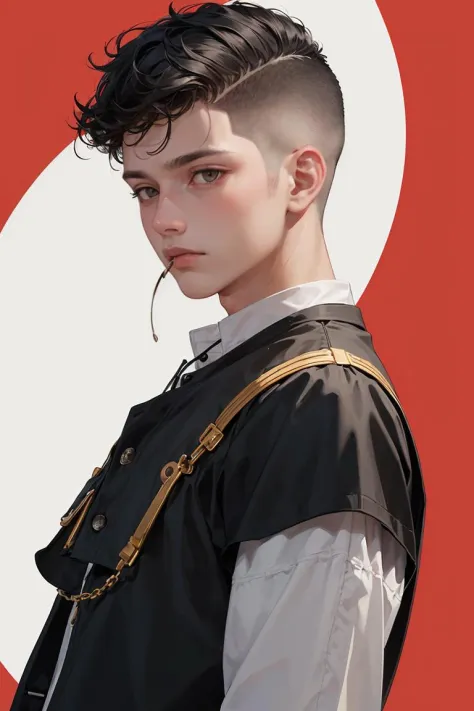 (masterpiece, best quality:1.2) high detail,official art,(1boy:1.2),short hair,(Undercut With Long Hair:1.2),looking down,red  s...