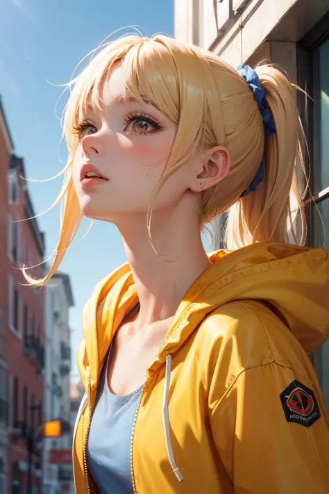 official art,(best quality, masterpiece:1.2),1girl,face focus,solo,blonde hair,outdoors,hood,parted lips,ponytail,long hair,uppe...