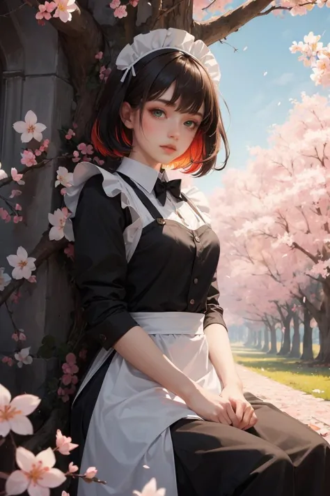 (masterpiece, best quality:1.4),high detail,detailed background,dramatic lighting,1girl,brown hair,multicolored hair,green eyes,maid,maid headdress,maid apron,cherry blossoms,sunbeam,wallpaper,<lora:more_details:0.3>,<lyco:GPTS4 dreamwave full_478773:0.3>,<lora:GoodHands-vanilla:1>,