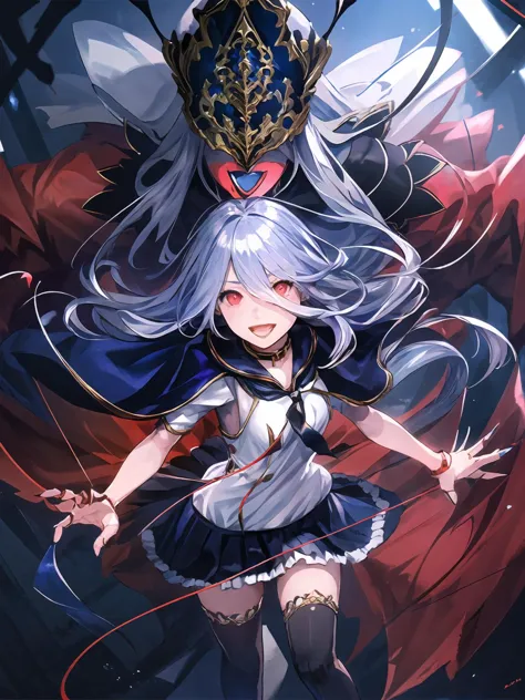 masterpiece,best quality,highres,cinematic lighting,dramatic angle,2girls,<lora:ZweiV2-000029:0.8>,1girl with silver long hair and red eyes and white dress and blue skirt and capelet and sailor collar and thighhighs along with her marionette called Victoria with red dress and mask and covered eyes and claws,1other,1 marionette,:d,empty eyes,shaded face,crazy, yandere,puppet strings,looking at viewer,black background,magic