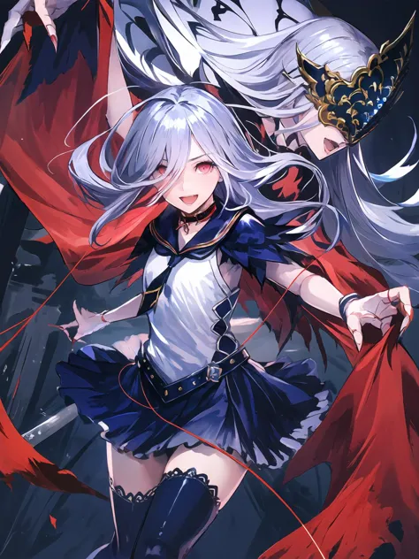 masterpiece,best quality,highres,cinematic lighting,dramatic angle,2girls,<lora:ZweiV3-000030:0.8>,1girl with silver long hair and red eyes and white dress and blue skirt and capelet and sailor collar and thighhighs along with her marionette called Victoria with red dress and mask and covered eyes and claws,1other,1 marionette,:d,empty eyes,shaded face,crazy, yandere,puppet strings,looking at viewer,black background,magic