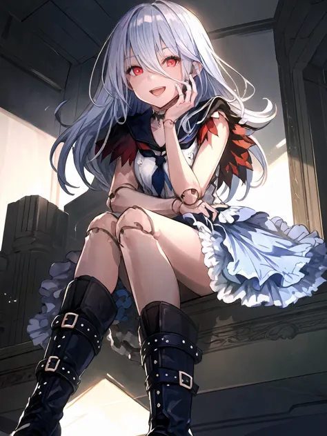 anime girl sitting on ledge with her legs crossed