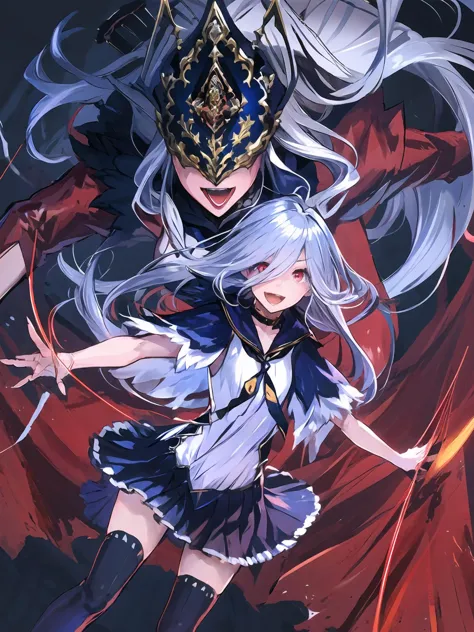 masterpiece,best quality,highres,cinematic lighting,dramatic angle,2girls,<lora:ZweiV3-000030:0.8>,1girl with silver long hair and red eyes and white dress and blue skirt and capelet and sailor collar and thighhighs along with her marionette called Victoria with red dress and mask and covered eyes and claws,1other,1 marionette,:d,empty eyes,shaded face,crazy, yandere,puppet strings,looking at viewer,black background,magic