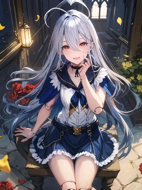 masterpiece,best quality,highres,cinematic lighting,dramatic angle,<lora:ZweiV3-000030:0.8:lbw=jiangshi3>,1girl,silver hair,long hair,red eyes,ahoge,sailor collar,white 
 sleeveless shirt,frills,blue skirt,capelet,choker,rose,belt,ribbon,doll joints,happy,smile,holding frog stuffed toy,gothic architecture,depth of field,blue sky,petals,one hand over head,outdoors,sitting,from above