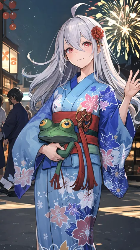 masterpiece,best quality,highres,cinematic lighting,dramatic angle,<lora:ZweiV3-000030:0.8:lbw=jiangshi3>,1girl,silver hair,long hair,red eyes,ahoge,japanese clothes,smile,head tilt,holding frog stuffed toy,happy,blush,sash,kimono,long sleeves,socks,sandals,cowboy shot,portrait,fireworks,streetscape,depth of field,rose as hair flower