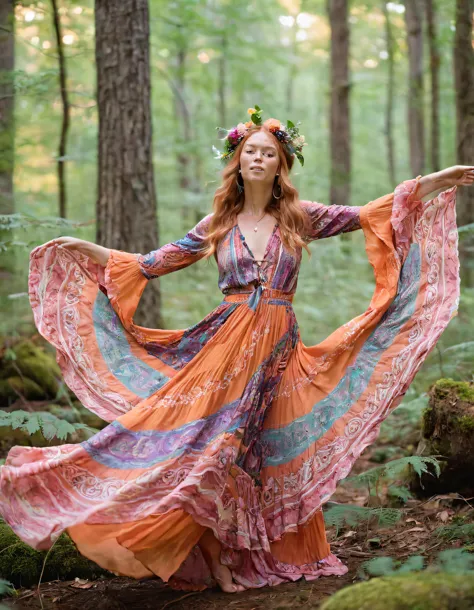 In this enchanting scene, the captivating woman named Riley Rasmussen, dressed in her vibrant bohemian ensemble of swirling patterns and soft hues, confidently basks beneath the ethereal woodland backdrop, as she gracefully frames the artistically captured moment where she effortlessly strikes a pose that beautifully symbolizes nature's ever-rejuvenating power. <lora:noigrs18f92489570xe9:1>