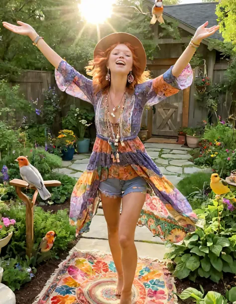 In a whimsically charming garden scene, the free-spirited Riley Rasmussen, dressed in a captivating boho-chic outfit with colorful patterns and floral adornments, confidently radiates grace while reaching towards the sun, spreading her arms wide to embrace the warmth and joy of nature in this birds-eye view moment. <lora:zzztgp18f923c5cbdpb8:1>