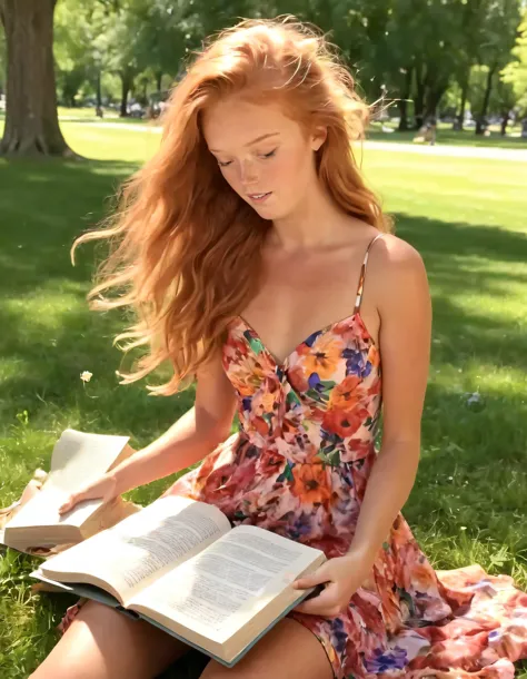 In the heart of a bustling yet serene urban park, the stylish Riley Rasmussen graced her confident presence in a vibrant floral dress that swished rhythmically with every movement, holding an open book as she posed gracefully while embracing nature's tranquility; sunlight danced upon her sun-kissed hair, gently caressing it as the breeze played harmoniously with her surroundings. <lora:zzztgp18f923c5cbdpb8:1>