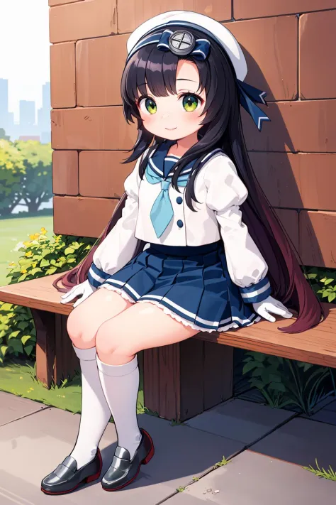 best quality, masterpiece, highly detailed, 1girl, solo, smile,
<lora:MatsuwaKancolle_V10:1>
matsuwa, freckles, very long hair,
school uniform, sailor hat, blue ribbon,  blue sailor collar, blue neckerchief, juliet sleeves, long sleeves, white gloves, blue skirt, pleated skirt, kneehighs, white socks, shoes, grey footwear,
outdoors,