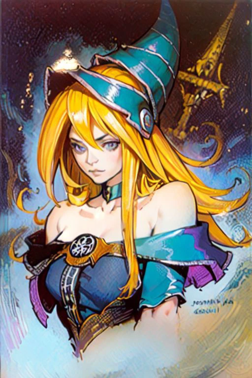 portrait, traditional media, gothic style,  masterpiece, nice hands, best quality, 1girl, solo, dark magician girl, long hair, blonde hair, blue headwear, wizard hat,  upper body, (bare shoulders:1.5), pentacle, ancient Egyptian background, desert background, teasing