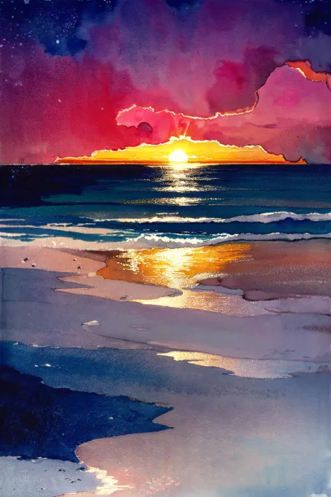 watercolor \(medium\), ocean, no humans, sunset