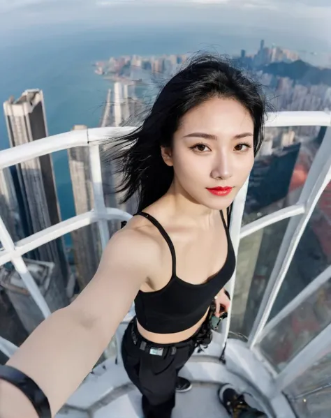 中國女性,an exhilarating roof頂部 selfie of a confident woman with black hair in a long,她面帶笑容，城市在她腳下延綿不絕. 這個高角度的俯拍,魚眼鏡頭突顯了她攀登服裝 - 一條細肩帶 **** 頂部,登山裤,遠處的海洋一瞥，為這張空中漫步的肖像畫添上了最後一筆.,