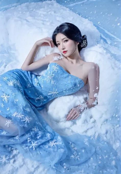 woman,moyou, solo, on side, dress, lying, black hair, blue dress, snow, blue eyes, blue theme, looking at viewer, bare shoulders...