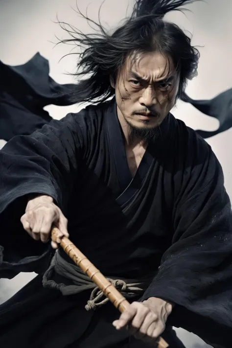 <lora:Director Zhang Yimou style:1>Director Zhang Yimou style - A man with messy hair in a black robe, fluttering in the wind, s...