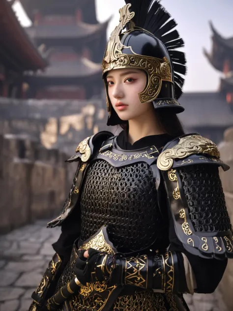 <lora:ä¸­å¼ç²è_60_6-000002:0.45>, black Chinese_armor,armor, a girl, realistic,solo,Metal mask,Background of ancient Chinese cities,shoulder_armor,helmet, (masterpiece:1.2), (best quality:1.2), perfect eyes, perfect face, perfect lighting, (8K),(perfect anatomy),(highres), detailed_eyes, full body,