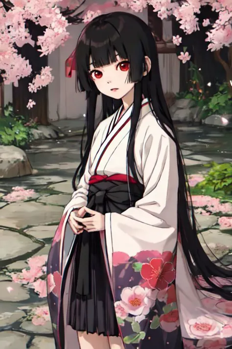 enma_ai, girl1, bangs, black hair, long hair, kimono obi sakura, heaven garden, happy