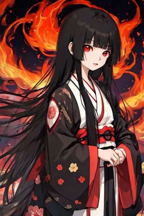 a woman in a kimono outfit standing in front of a fire