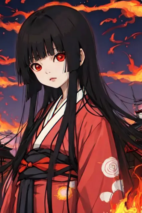 enma_ai, girl1, bangs, black hair, long hair, kimono sakura, fire hell, village japanese, night