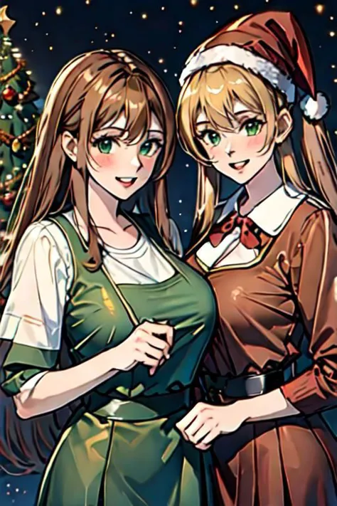 (masterpiece) (high quality) A realistic illustration of 2 Santa cute sexy nurses girls, with an awesome santa christmas dress,one is with blonde very long hair and light green eyes, and the other girl is very long brown hair and dark brown eyes, they smilings at you, and a dreaming night christmas background (insanely detailed)