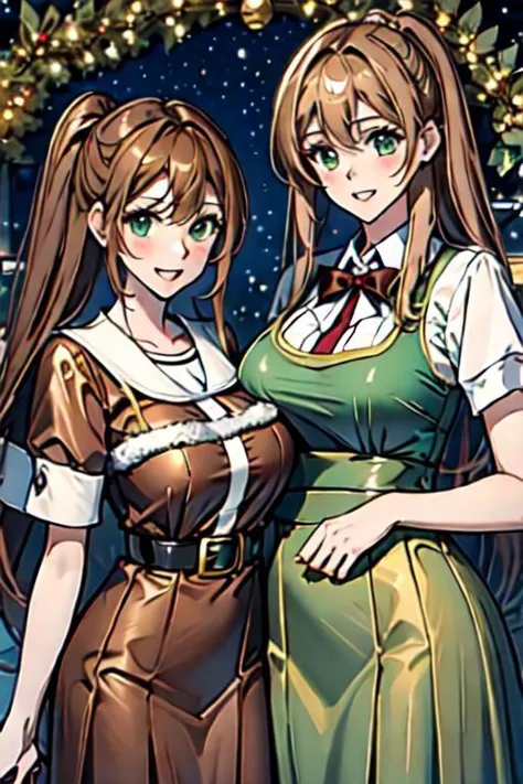 two anime girls standing next to each other in front of a tree