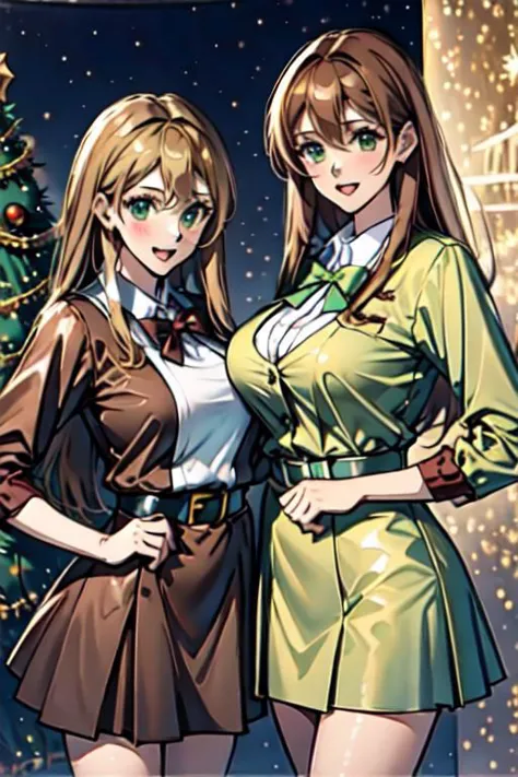 (obra maestra) (alta calidad) Una ilustración realista de 2 lindas enfermeras sexys de Santa, con un impresionante vestido navideño de santa,una es rubia con cabello muy largo y ojos verde claro, y la otra chica tiene cabello castaño muy largo y ojos castaños oscuros., ellos te sonríen, y un fondo navideño de noche de ensueño (increíblemente detallado)