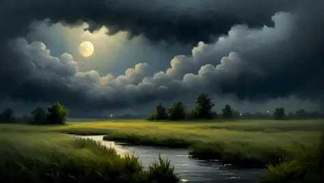 Impressionist painting wolf, blurry_foreground, bush, high_grass, night, heavy clouds, moon, moonshine, style of Asher Brown Dur...
