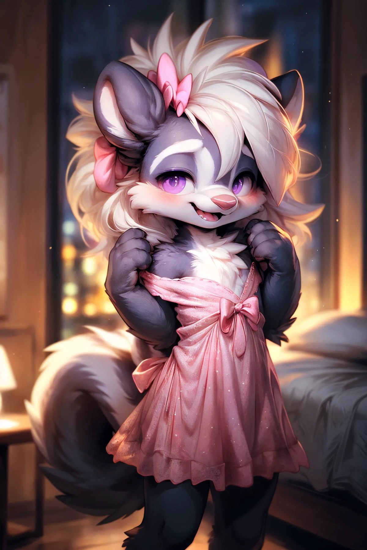 ยิงเต็ม,
furry female anthro ตัวเสนียด, หน้าอกแบน, น่ารัก-fine-ใบหน้า, หน้าอกปุย, น่ารัก, สาว, หนุ่มสาว,
((รายละเอียด and fluffy body fur)), หน้าอกเล็ก, สูง_รายละเอียด_ใบหน้า, สมมาตร_ดวงตา,
หน้าแดง, เขี้ยว, กรงเล็บ, ขนสีดำ, purple ดวงตา, ผมยาวสีขาวเต็ม, จมูกสั้น, จมูกเล็ก, (one big โบว์ผม:1.4), หูเล็ก, จมูกเล็ก, ปากเล็ก,
ตามลำพัง,
อ้าปาก, รอยยิ้ม, มองไปที่ผู้ดู, half closed ดวงตา,
ยืน, จับหาง,
((pink short กลางคืนgown, สายรัดไหล่)),
อัพโหลดบน e621, โดย xennos, โดย darkgem, โดยดากาซี่,
ตัวเสนียด, โบว์ผม, หางลาย, หางปุย, (หางใหญ่:0.3), narrowed ดวงตา, (ผมเหนือตา:0.8)
กลางคืน, เตียงroom, ข้างใน, เตียง,
แนวคิดศิลปะ, สูง รายละเอียด,
(ผลงานชิ้นเอก), คุณภาพดีที่สุด, เหมือนจริง, (ซับซ้อน:0.9), (รายละเอียดสูง:1.4), การถ่ายภาพภาพยนตร์, โฟกัสคมชัด,