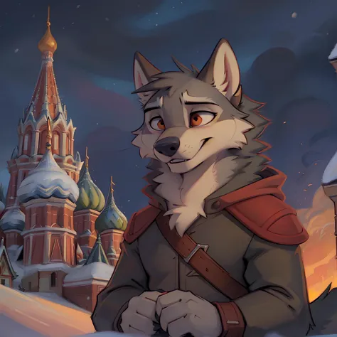 a cartoon wolf in a military uniform stands in front of a castle