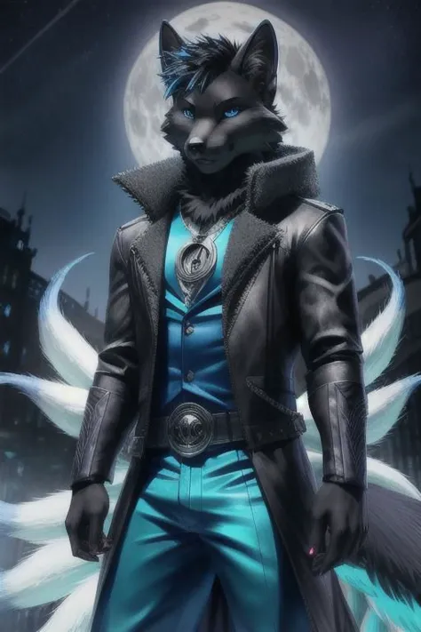 ((nine-tailed)) [cat|fox] with (solid-black fur:1.5) and blue eyes in (blue cloack), midnight, "Devil May Cry" style