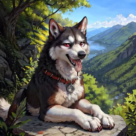 painting of a dog sitting on a rock in the woods