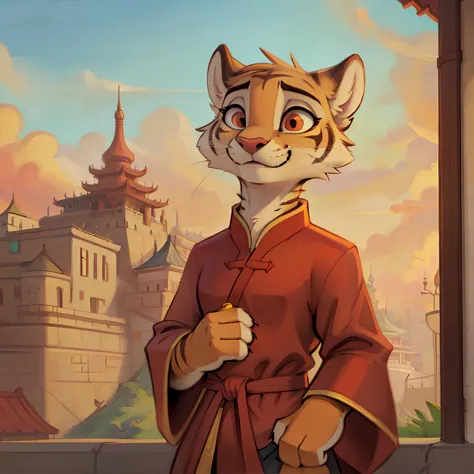 furry tiger , China, mountains, wearing traditional chinese clothing, silk robe, modern city, skyscrapers, street view,  <lora:f...