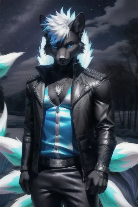 ((nine-tailed)) [cat|fox] with (solid-black fur:1.5) and blue eyes in (blue cloack), midnight, "Devil May Cry" style