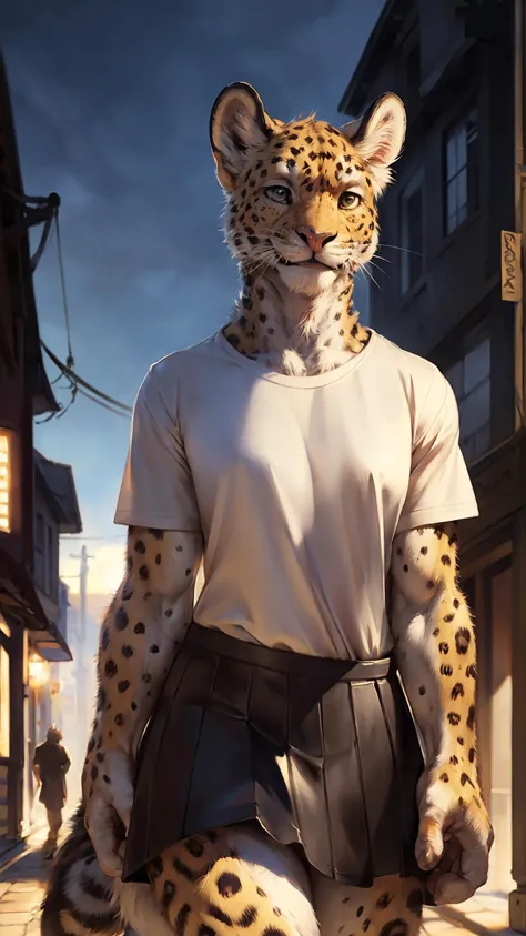 black, skirt, white t-shirt, town, street, detailed background, leopard, female furry, smiling, multicolored fur, 
masterpiece, ...